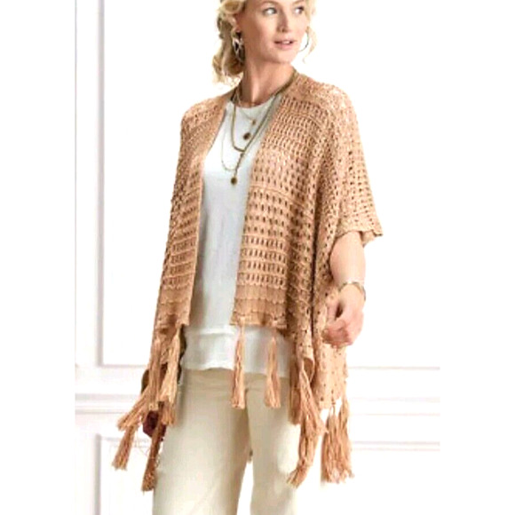 Soft Surroundings Womens Small GALICIA OPEN Knit CROCHET Brown TASSELS Sweater - Picture 1 of 11